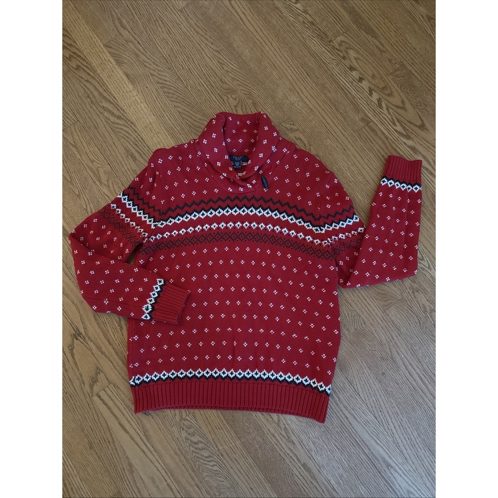 CHAPS Ralph Lauren Red Fair Isle Snowflake Shawl Collar Sweater Petite XL Cotton